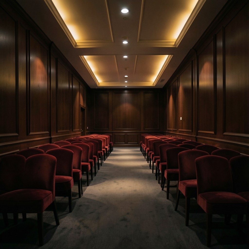 Empty Bangkok conference hall at dusk with warm aisle lights fading into deep shadow