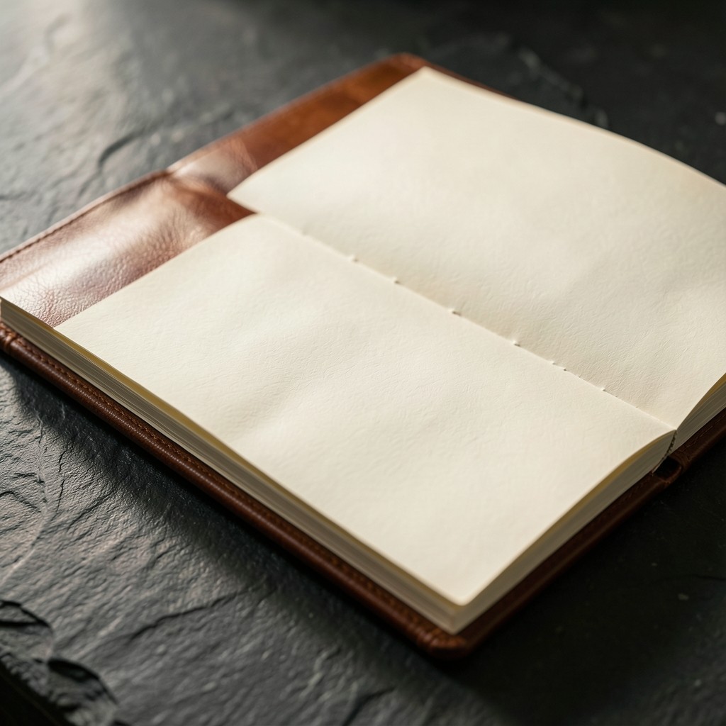 Open sample report binder with soft shadow on dark stone