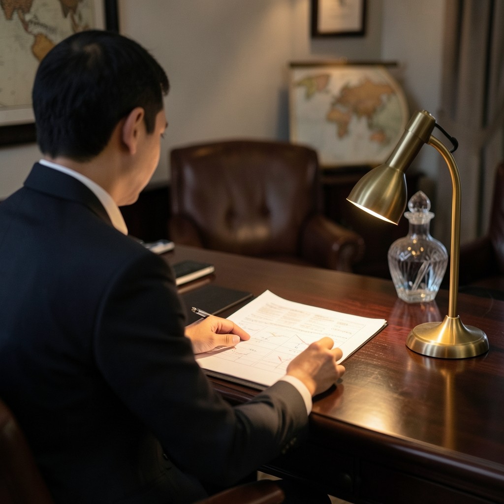 Organizer reviewing printed event performance charts under a brass desk lamp